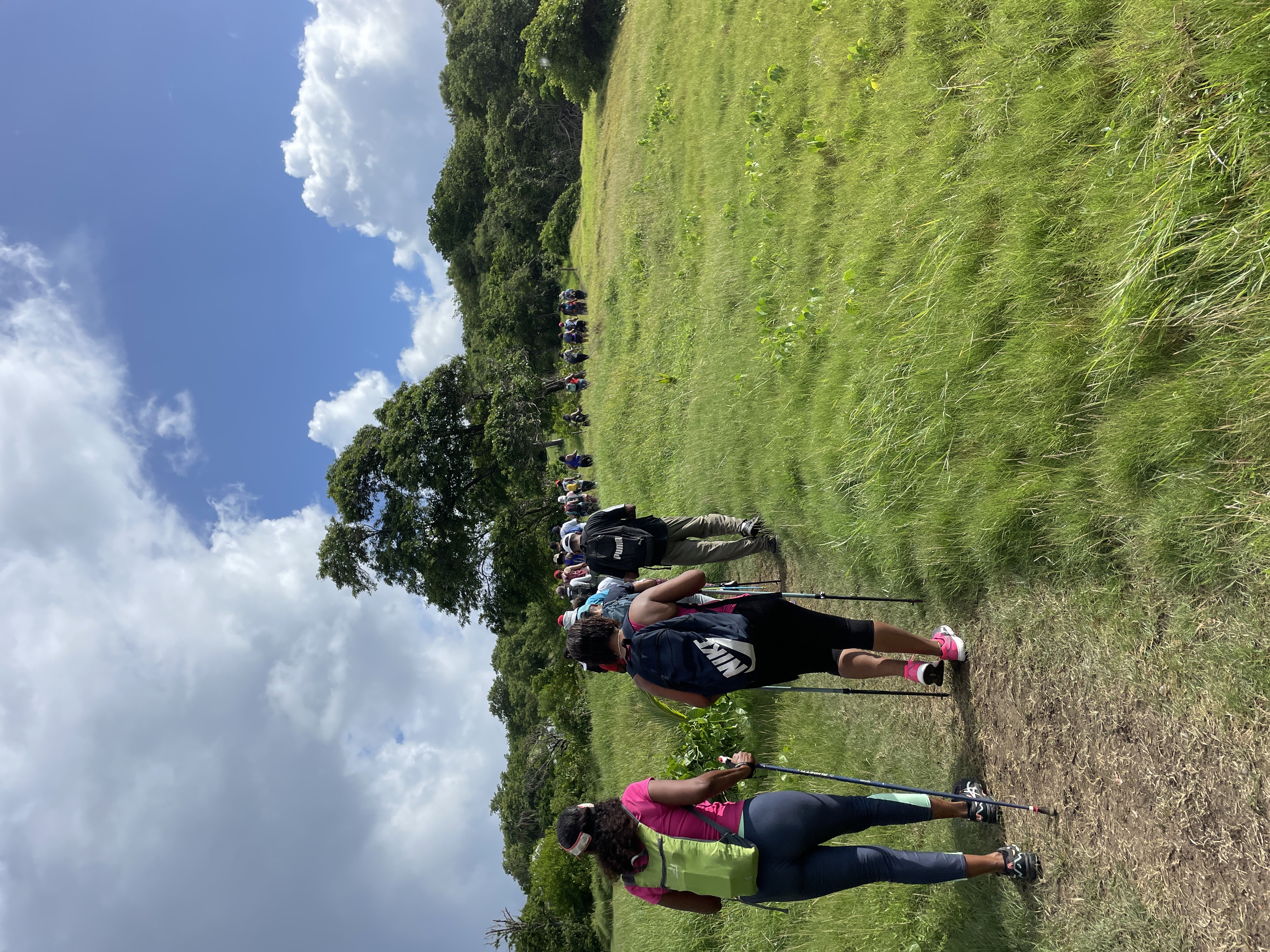 groupe de marche nordique, marchant dans une plaine martiniquaise